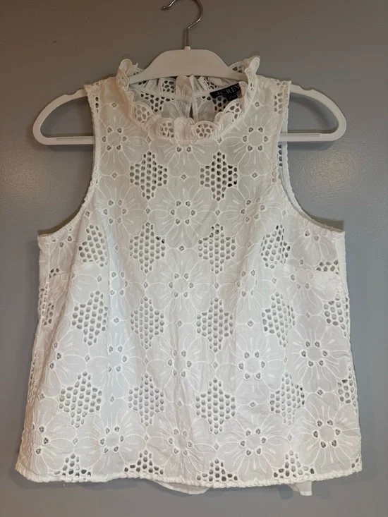 J.CREW White Floral Lace Ruffle High Neck Sleeveless Blouse Women’s XS - Picture 3 of 15